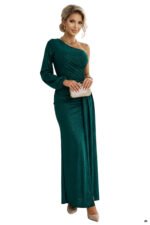 658-2 Shimmering glitter one-shoulder maxi dress with asymmetric sleeves and slit - bottle green-15