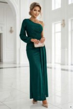 658-2 Shimmering glitter one-shoulder maxi dress with asymmetric sleeves and slit - bottle green-13