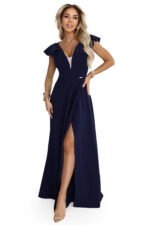 660-1 Elegant maxi dress with ruffles, a deep neckline and a slit on the leg - navy blue-11