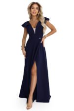 660-1 Elegant maxi dress with ruffles, a deep neckline and a slit on the leg - navy blue-11