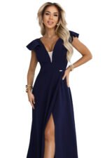 660-1 Elegant maxi dress with ruffles, a deep neckline and a slit on the leg - navy blue-13