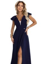 660-1 Elegant maxi dress with ruffles, a deep neckline and a slit on the leg - navy blue-13