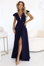 660-1 Elegant maxi dress with ruffles, a deep neckline and a slit on the leg - navy blue-3