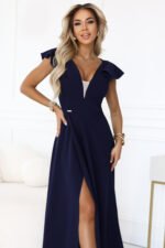 660-1 Elegant maxi dress with ruffles, a deep neckline and a slit on the leg - navy blue-8