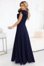 660-1 Elegant maxi dress with ruffles, a deep neckline and a slit on the leg - navy blue-4