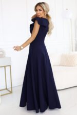 660-1 Elegant maxi dress with ruffles, a deep neckline and a slit on the leg - navy blue-4