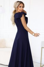 660-1 Elegant maxi dress with ruffles, a deep neckline and a slit on the leg - navy blue-7
