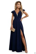 660-1 Elegant maxi dress with ruffles, a deep neckline and a slit on the leg - navy blue-12