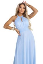 662-1 Elegant Evening Maxi Halter Dress with Tulle and Waist Tie - Light Blue-12