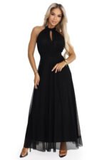 662-2 Elegant Evening Maxi Halter Dress with Tulle and Waist Tie - Black-10