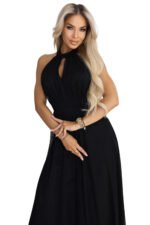 662-2 Elegant Evening Maxi Halter Dress with Tulle and Waist Tie - Black-11