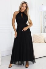 662-2 Elegant Evening Maxi Halter Dress with Tulle and Waist Tie - Black-1