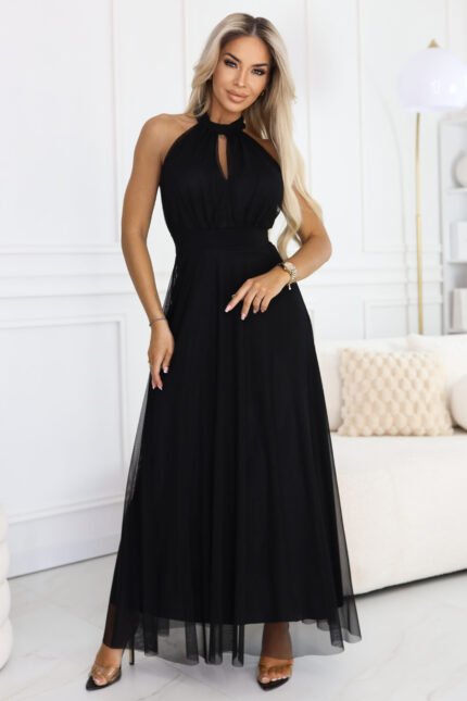 662-2 Elegant Evening Maxi Halter Dress with Tulle and Waist Tie - Black-1