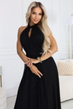 662-2 Elegant Evening Maxi Halter Dress with Tulle and Waist Tie - Black-2