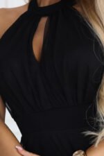 662-2 Elegant Evening Maxi Halter Dress with Tulle and Waist Tie - Black-9