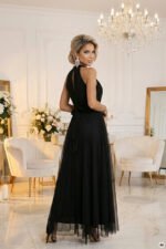662-2 Elegant Evening Maxi Halter Dress with Tulle and Waist Tie - Black-7