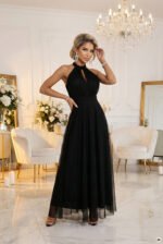 662-2 Elegant Evening Maxi Halter Dress with Tulle and Waist Tie - Black-8