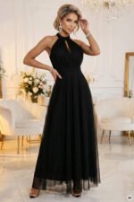 662-2 Elegant Evening Maxi Halter Dress with Tulle and Waist Tie - Black-6