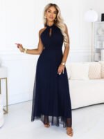 662-3 Elegant evening maxi halter dress with tulle and waist tie - navy-1