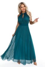 662-4 Elegant halter maxi evening dress with tulle and a waist tie - green-11
