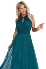 662-4 Elegant halter maxi evening dress with tulle and a waist tie - green-12