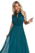 662-4 Elegant halter maxi evening dress with tulle and a waist tie - green-12