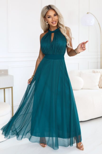 662-4 Elegant halter maxi evening dress with tulle and a waist tie - green-1