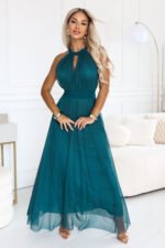 662-4 Elegant halter maxi evening dress with tulle and a waist tie - green-5
