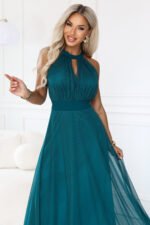 662-4 Elegant halter maxi evening dress with tulle and a waist tie - green-6