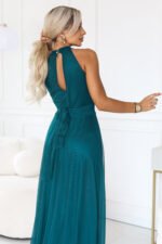 662-4 Elegant halter maxi evening dress with tulle and a waist tie - green-7
