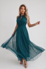 662-4 Elegant halter maxi evening dress with tulle and a waist tie - green-10