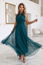 662-4 Elegant halter maxi evening dress with tulle and a waist tie - green-8