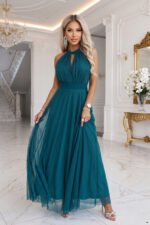 662-4 Elegant halter maxi evening dress with tulle and a waist tie - green-4
