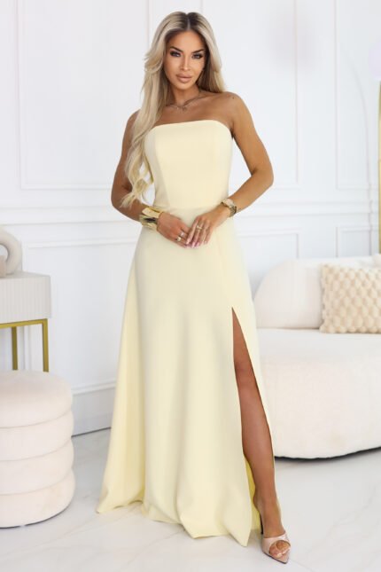 663-3 ELARA Corset Maxi Dress with Slit and Back Tie - Butter Yellow-1