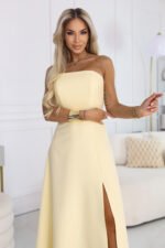 663-3 ELARA Corset Maxi Dress with Slit and Back Tie - Butter Yellow-3