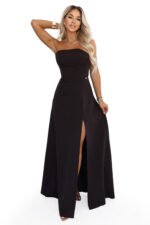 663-4 ELARA Corset-style maxi dress with a slit and back tie - chocolate brown-11
