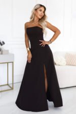 663-4 ELARA Corset-style maxi dress with a slit and back tie - chocolate brown-3