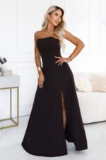 663-4 ELARA Corset-style maxi dress with a slit and back tie - chocolate brown-3