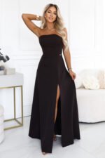 663-4 ELARA Corset-style maxi dress with a slit and back tie - chocolate brown-1
