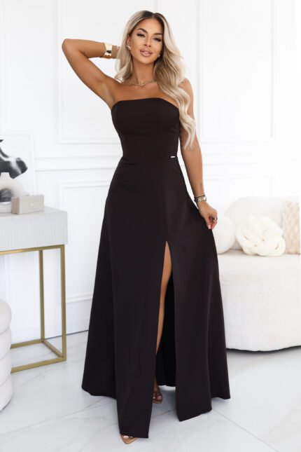 663-4 ELARA Corset-style maxi dress with a slit and back tie - chocolate brown-1