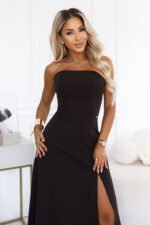 663-4 ELARA Corset-style maxi dress with a slit and back tie - chocolate brown-2