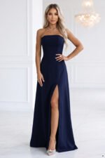 663-5 ELARA Corset-style maxi dress with a slit and back tie - navy blue-9