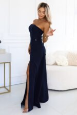 663-5 ELARA Corset-style maxi dress with a slit and back tie - navy blue-5