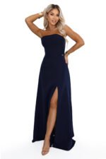 663-5 ELARA Corset-style maxi dress with a slit and back tie - navy blue-12