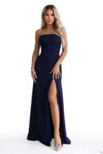 663-5 ELARA Corset-style maxi dress with a slit and back tie - navy blue-14