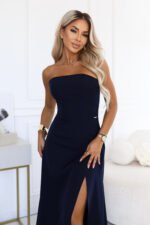 663-5 ELARA Corset-style maxi dress with a slit and back tie - navy blue-2
