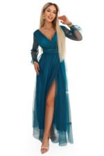 664-2 Long Maxi Dress with Tulle Sleeves and Wrap Neckline - Bottle Green-9
