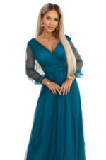 664-2 Long Maxi Dress with Tulle Sleeves and Wrap Neckline - Bottle Green-8