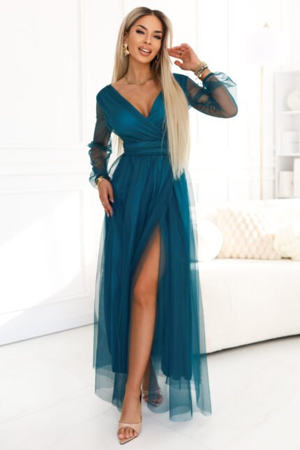 664-2 Long Maxi Dress with Tulle Sleeves and Wrap Neckline - Bottle Green-1