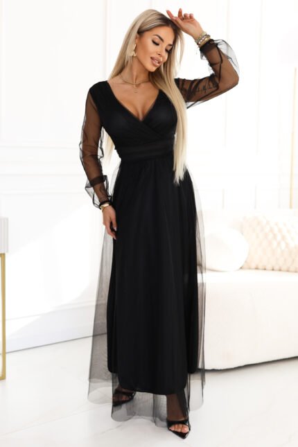 664-3 Long Maxi Dress with Tulle Sleeves and Wrap Neckline - Black-1
